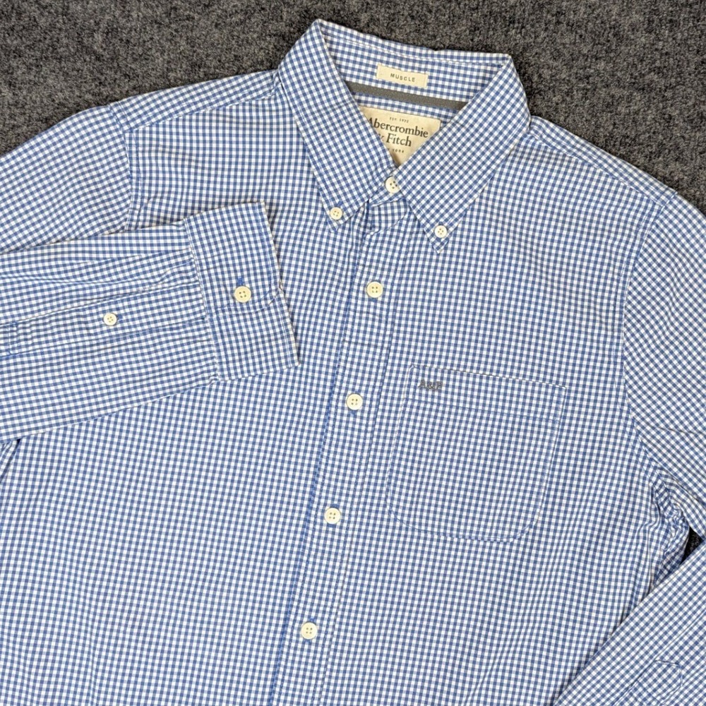 Abercrombie & Fitch Mens Blue White Gingham Muscle Fit Button Down Shirt Medium